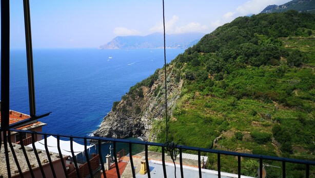 A coastal view from a balcony with a railing, overlooking the sea and a green hillside. - Punto Zero (Vernazza)