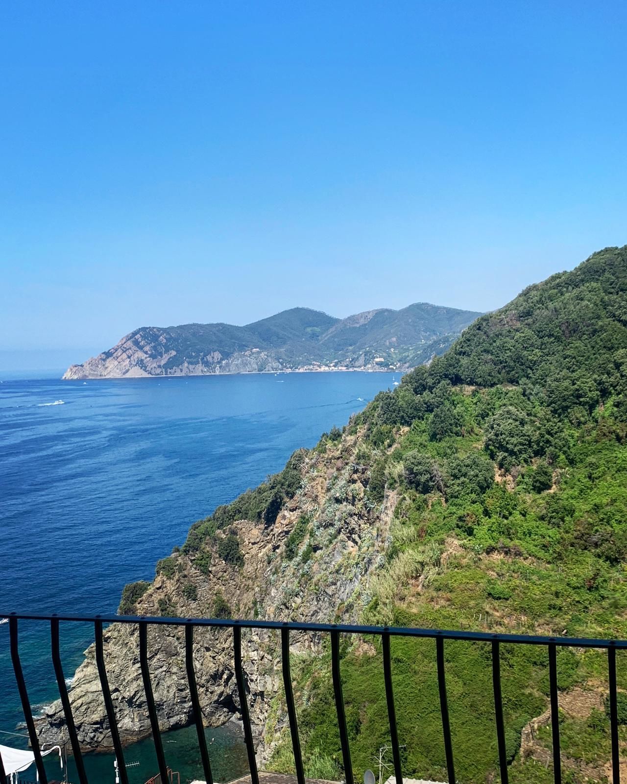 Vista costera con terreno rocoso y cielo azul despejado.