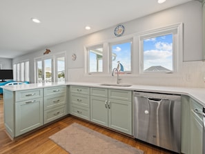 A modern kitchen with light green cabinets, a stainless steel dishwasher, and large windows offering a view of the sky and clouds.