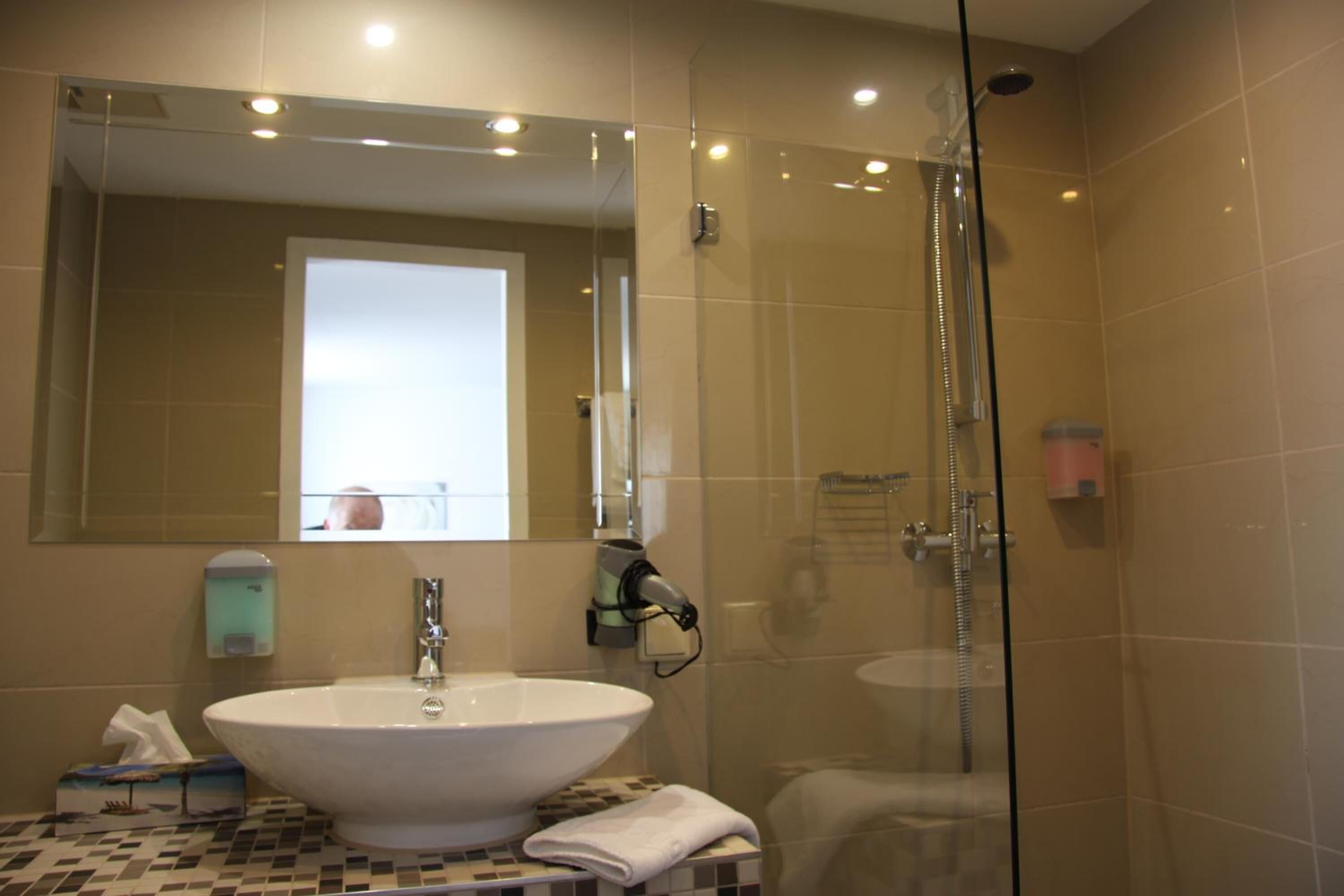 A bathroom with a large white sink, a glass shower enclosure, and a mirror above the sink.
