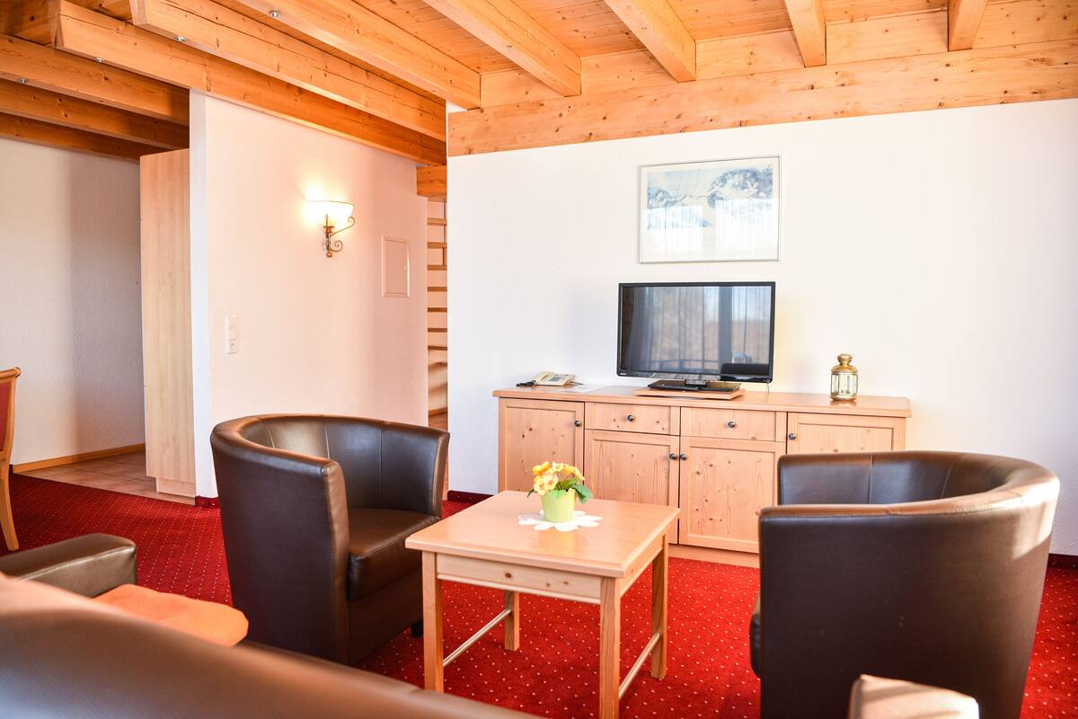 Una habitación con vigas de madera en el techo, alfombra roja, una mesa de madera con un jarrón, dos sillones de cuero, un televisor sobre un mueble de madera y un cuadro enmarcado en la pared.
