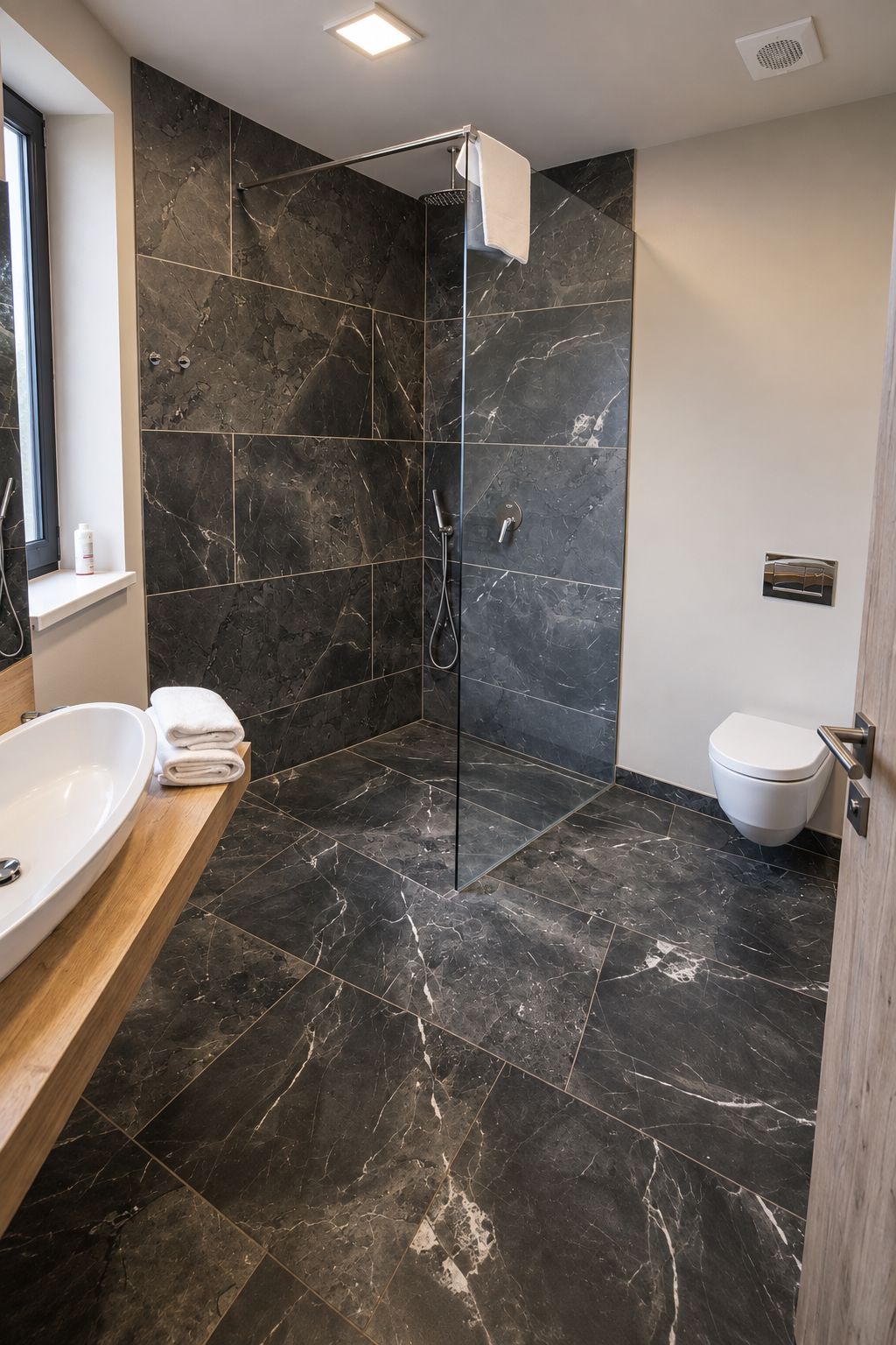 A modern bathroom with a glass-enclosed shower, a white sink, and a toilet.