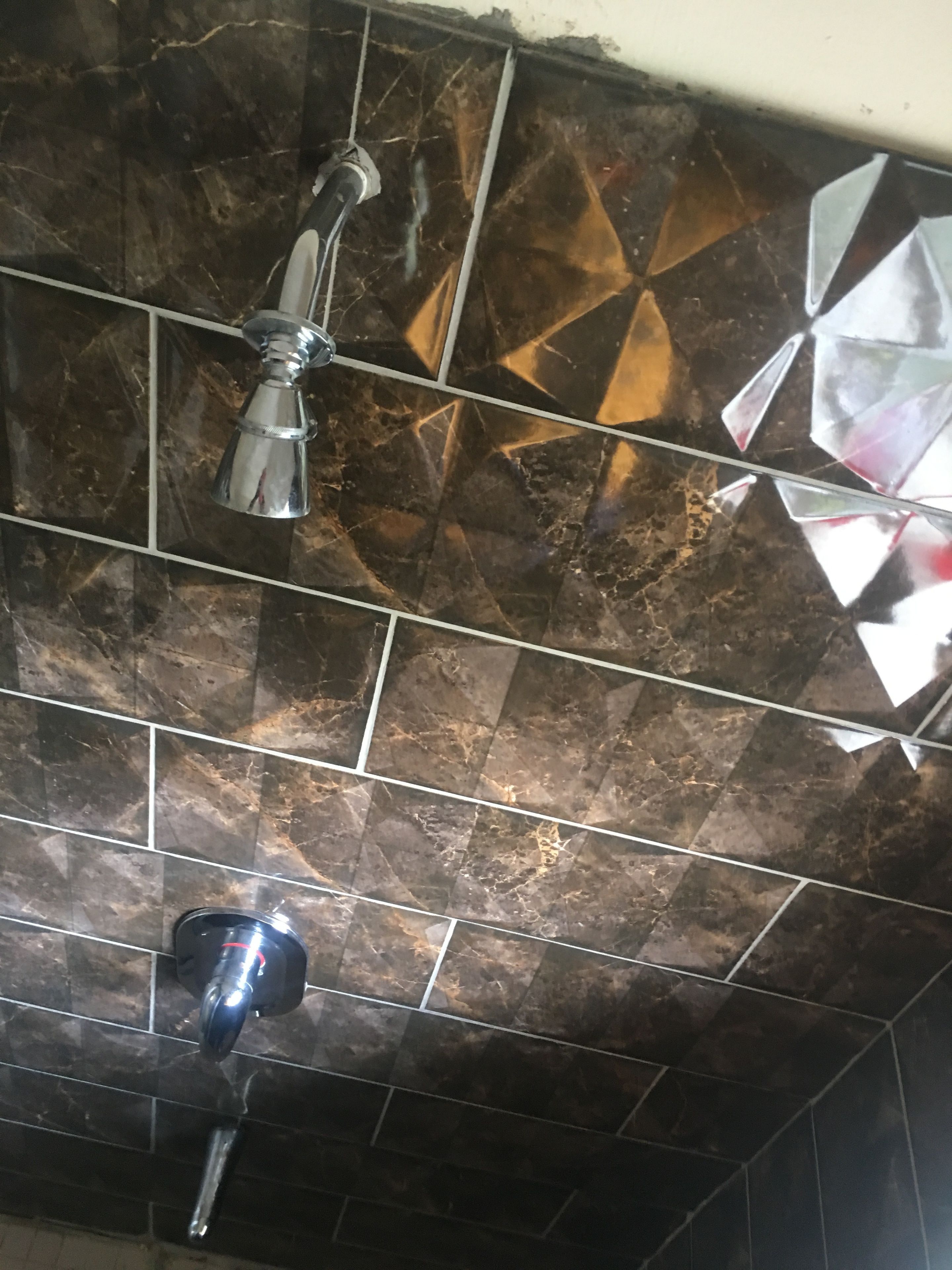 Une salle de bain avec des carreaux foncés à motifs et un pommeau de douche.