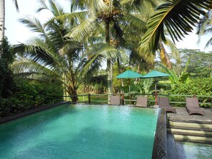 A pool with clear water, surrounded by lush greenery and palm trees. - Upper Level 1BR Apartment with Shared Pool (Ubud)