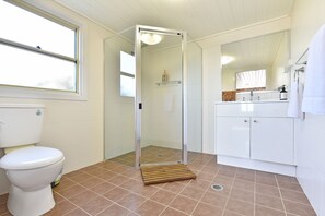 Ein Badezimmer mit Toilette, einer Dusche mit Glastür und einem Waschbecken mit Spiegel.