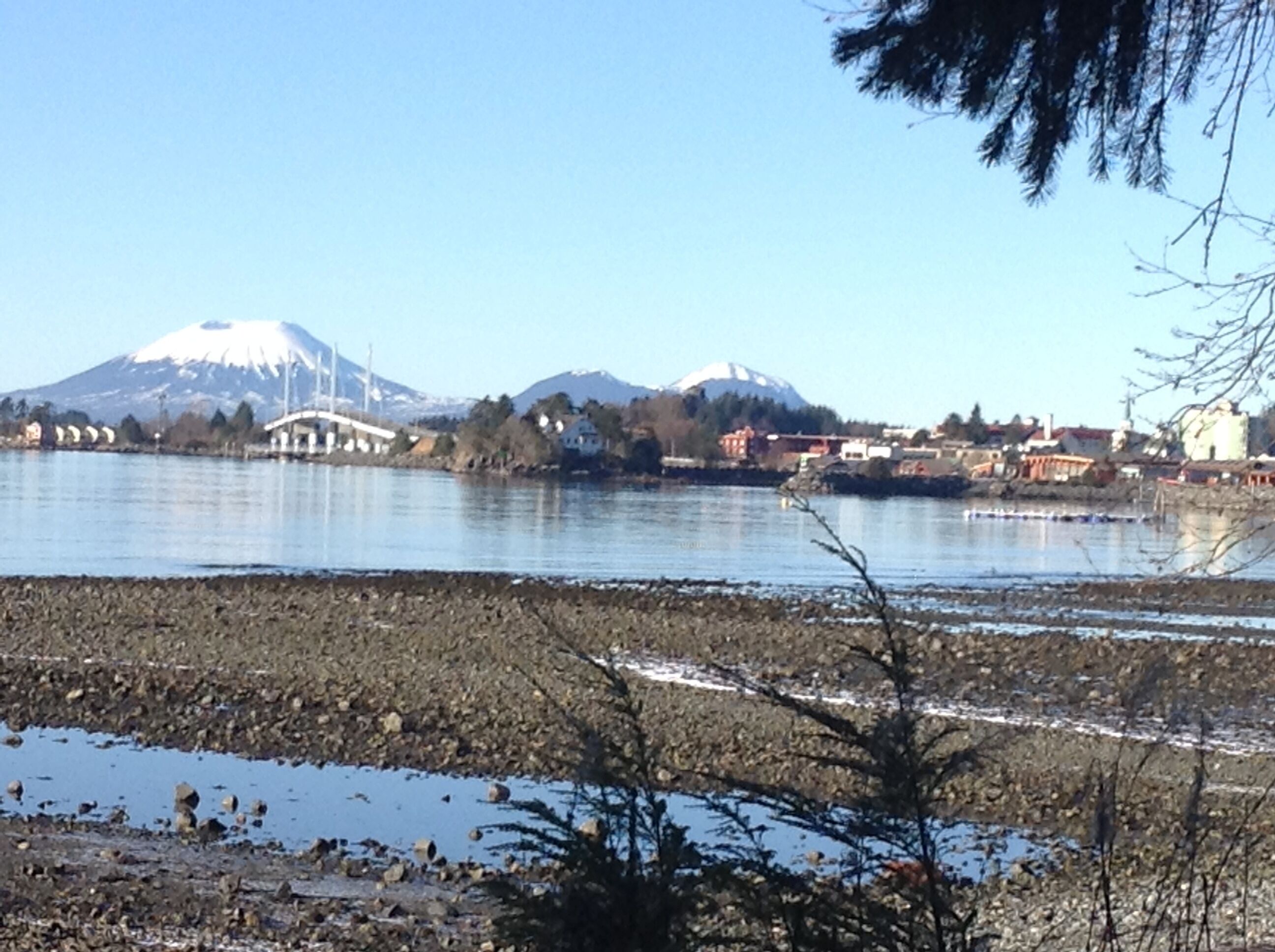 A river with a mountain in the background, a rocky shoreline, and buildings along the riverbank.