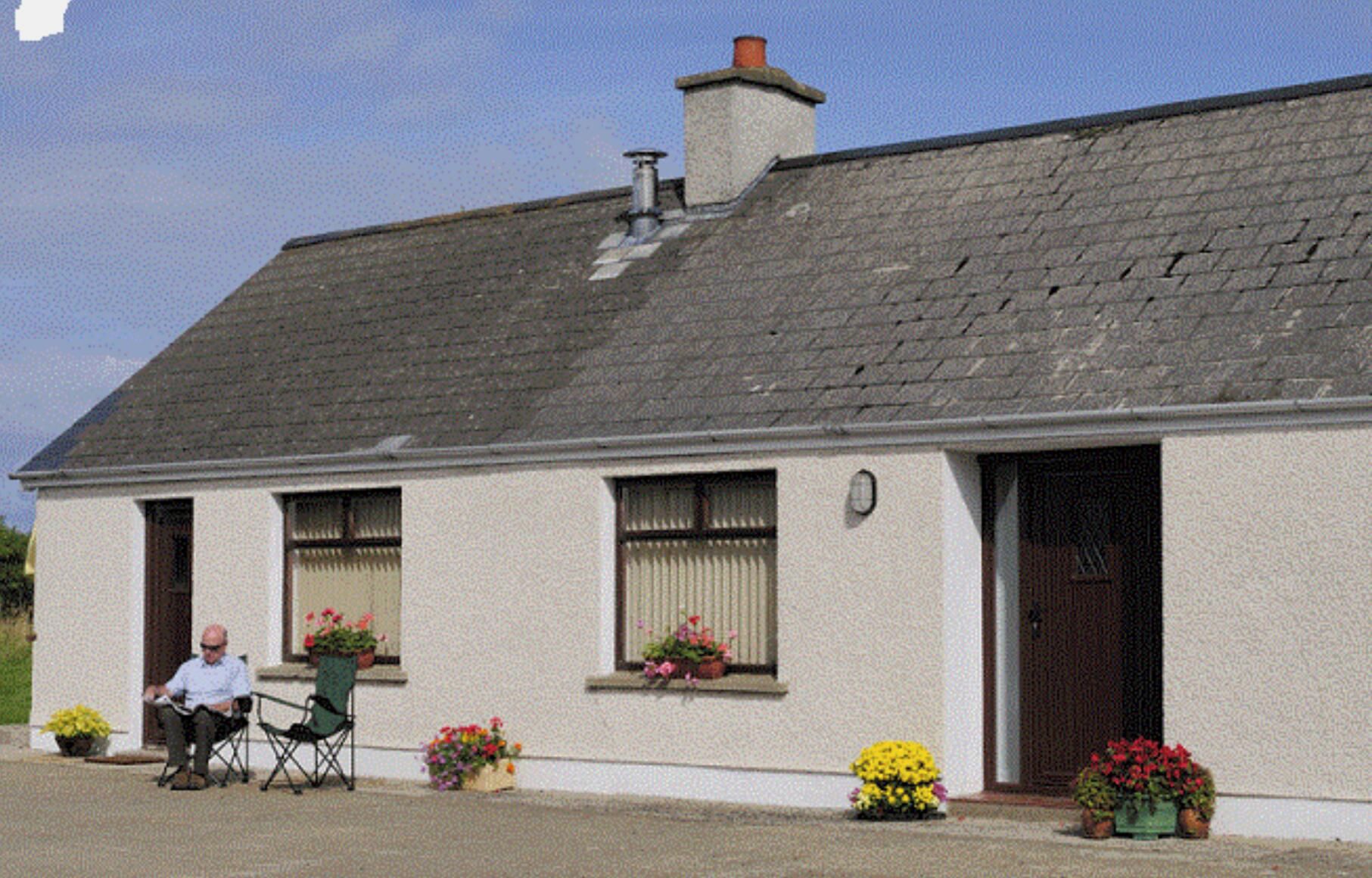 A house with a sloped roof, a chimney, and a door with a window above it. There are potted plants in front of the house.