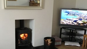 A living room with a wood-burning stove, a television, and a red rug. - Porthole Cottage, Bushmills -
 a place to unwind and relax. (Dunseverick)