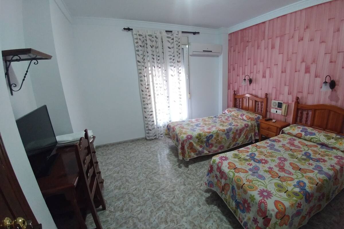 Une chambre avec deux lits, une télévision, une armoire et une fenêtre avec des rideaux.