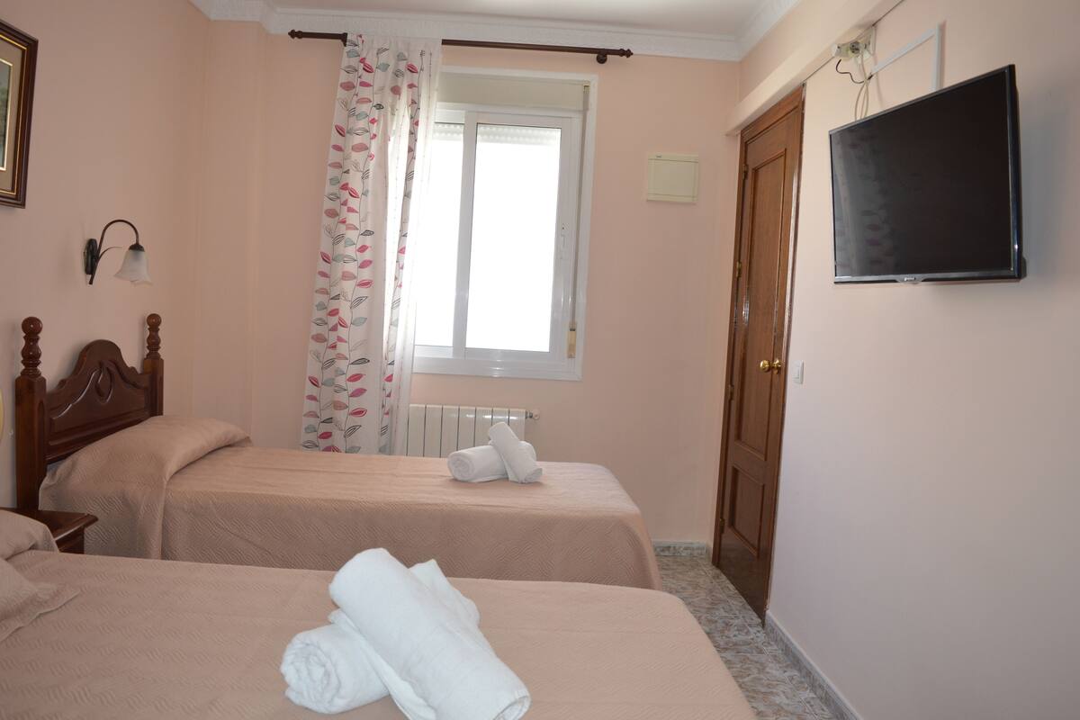 Une chambre d’hôtel avec deux lits, une télévision, une fenêtre avec des rideaux et un radiateur.