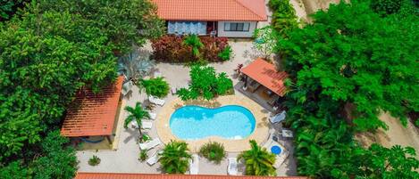 Een luchtfoto van een resort met een zwembad, omringd door palmbomen en ligbedden.