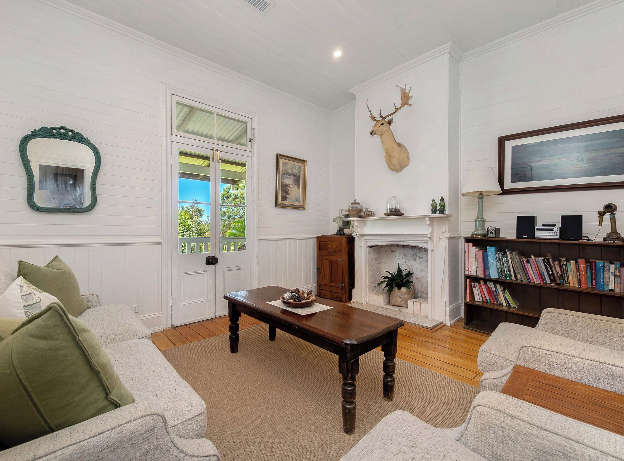 Smart TV, fireplace, DVD player, books