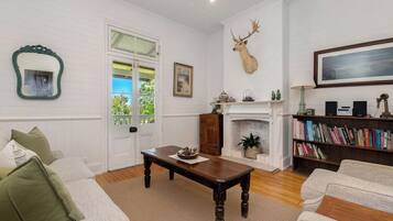 Smart TV, fireplace, DVD player, books