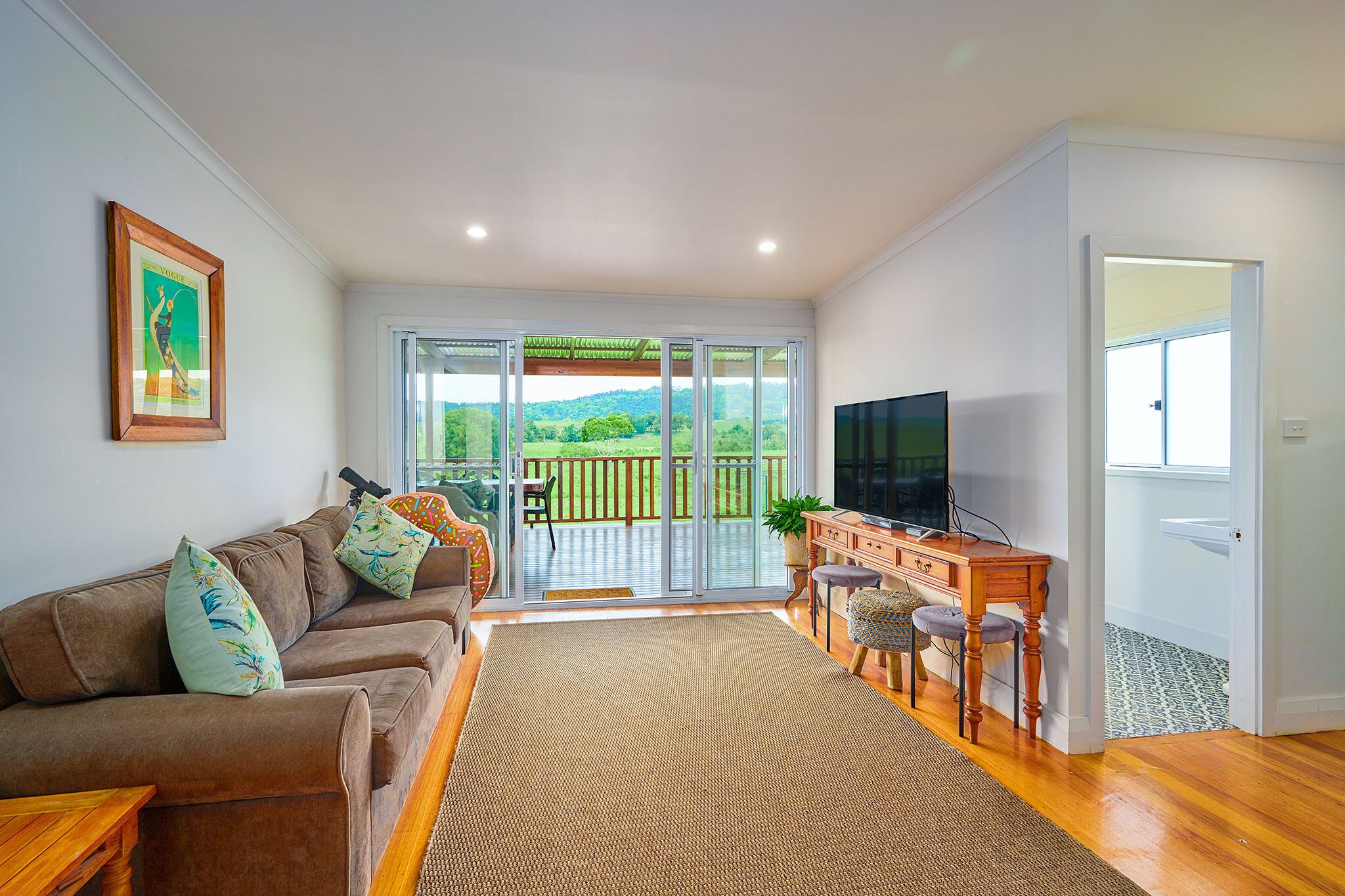 Smart TV, chimenea, reproductor de DVD, libros