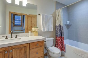 Combined shower/tub, hair dryer, shampoo