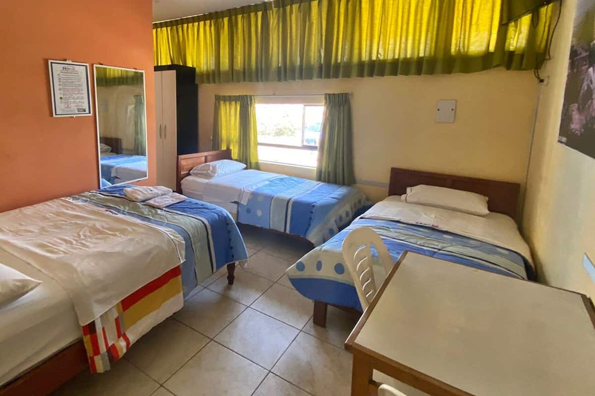 Habitación de hotel con dos camas individuales, una mesa de madera, un espejo y una ventana con cortinas.