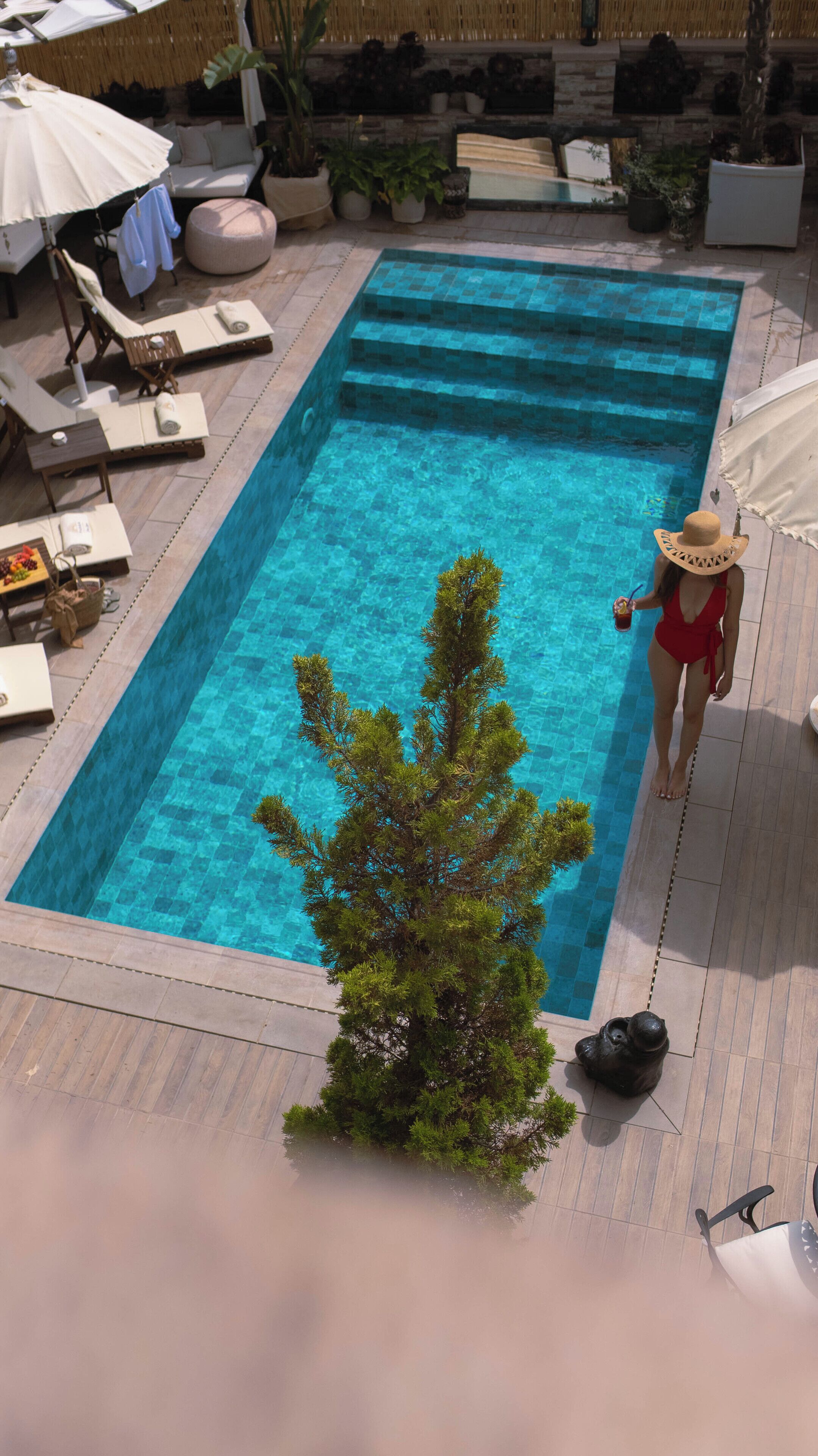 Una piscina con sillas de descanso y un pequeño árbol al frente.
