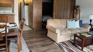 A compact living space with a kitchenette, a sofa, a dining table, and a bookshelf. - Downtown Apt. 5 w/ Ocean & Mountain Views. (Sitka)