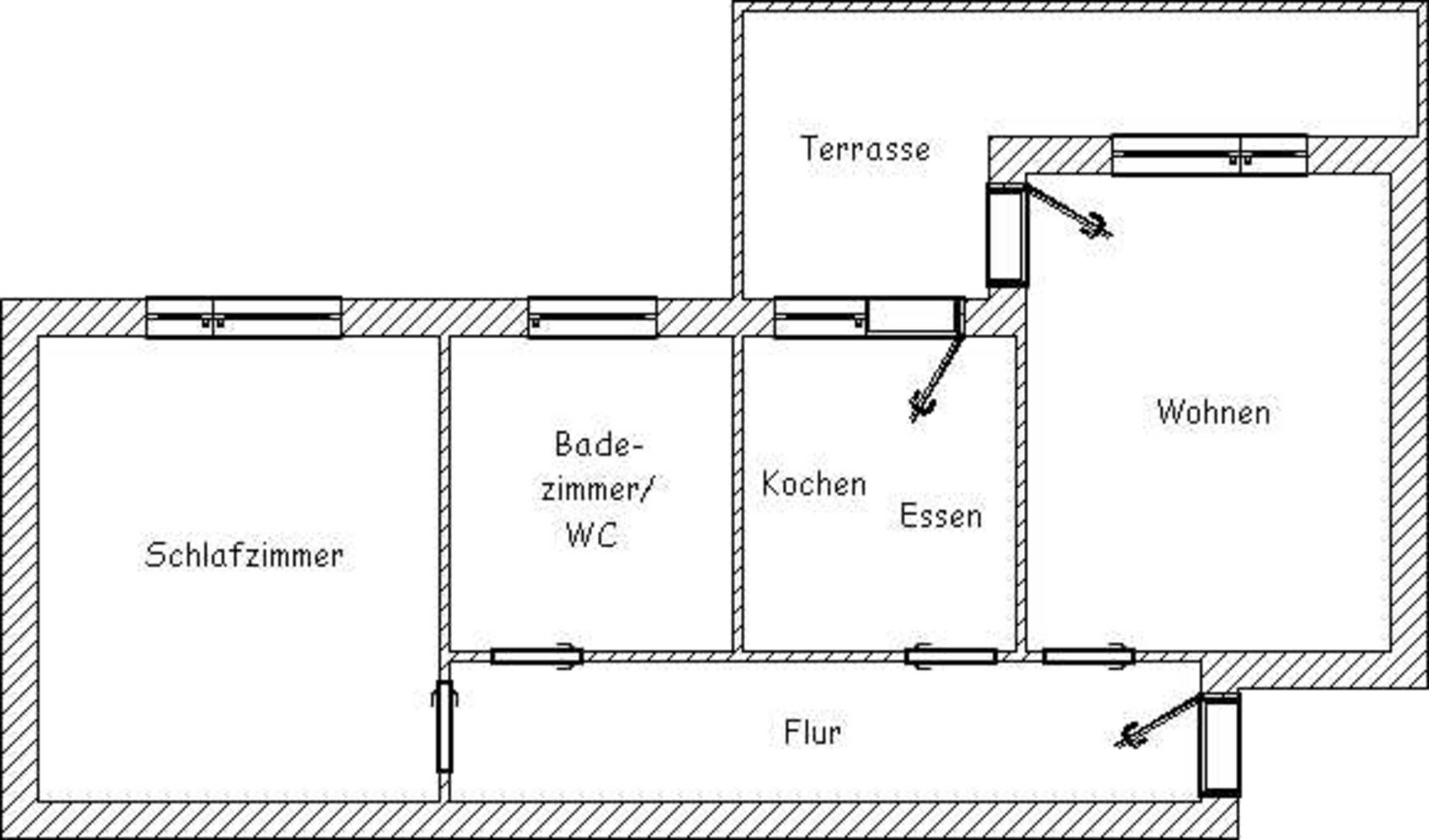 A floor plan of a hotel with labeled rooms including a bedroom, bathroom, kitchen, and terrace.
