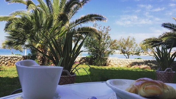 Una mesa con una taza blanca, una cuchara y un plato con cruasanes, ubicada al aire libre con palmeras y vistas al mar.