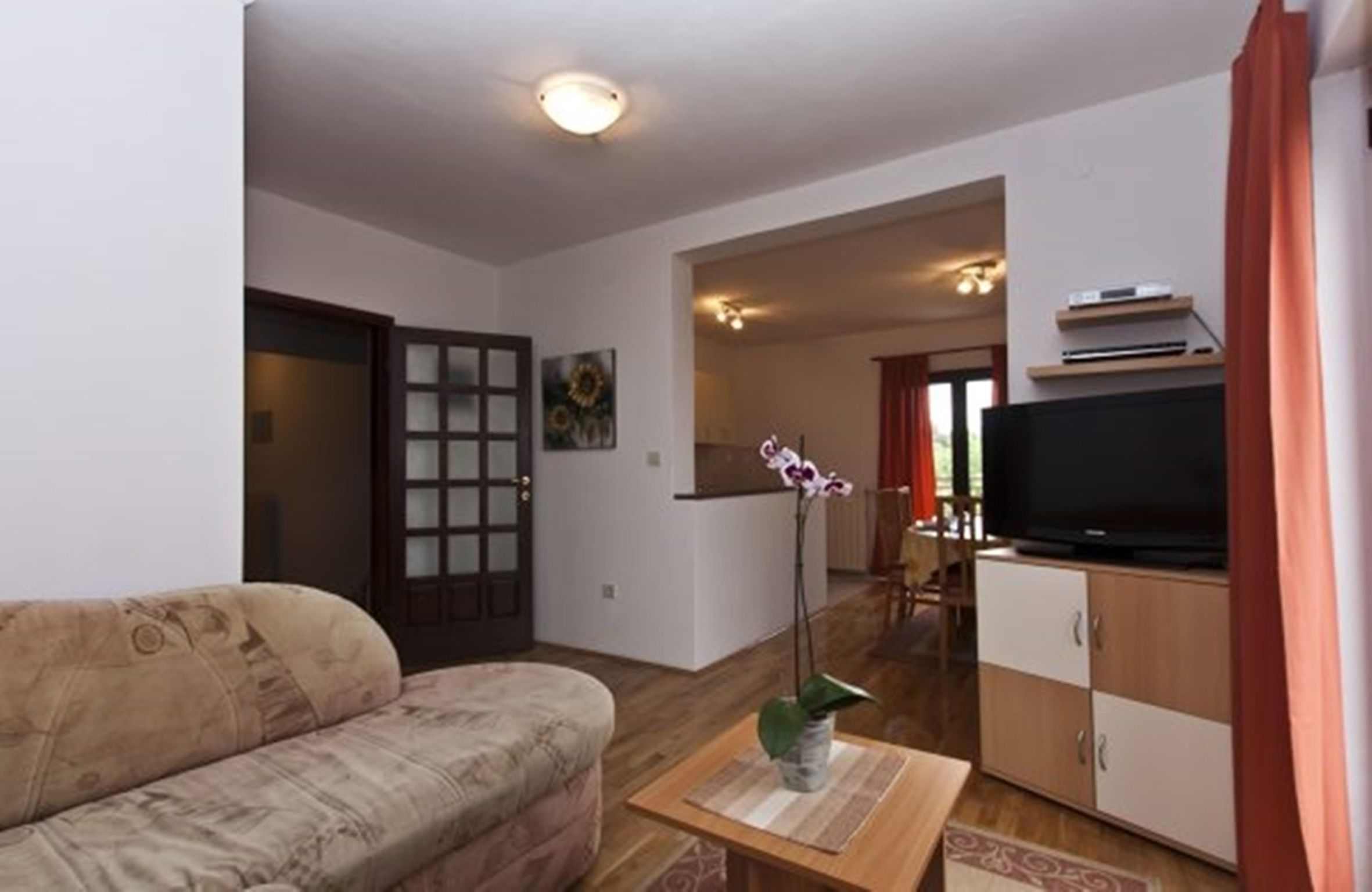 A living room with a sofa, a TV on a cabinet, a door, and a plant.