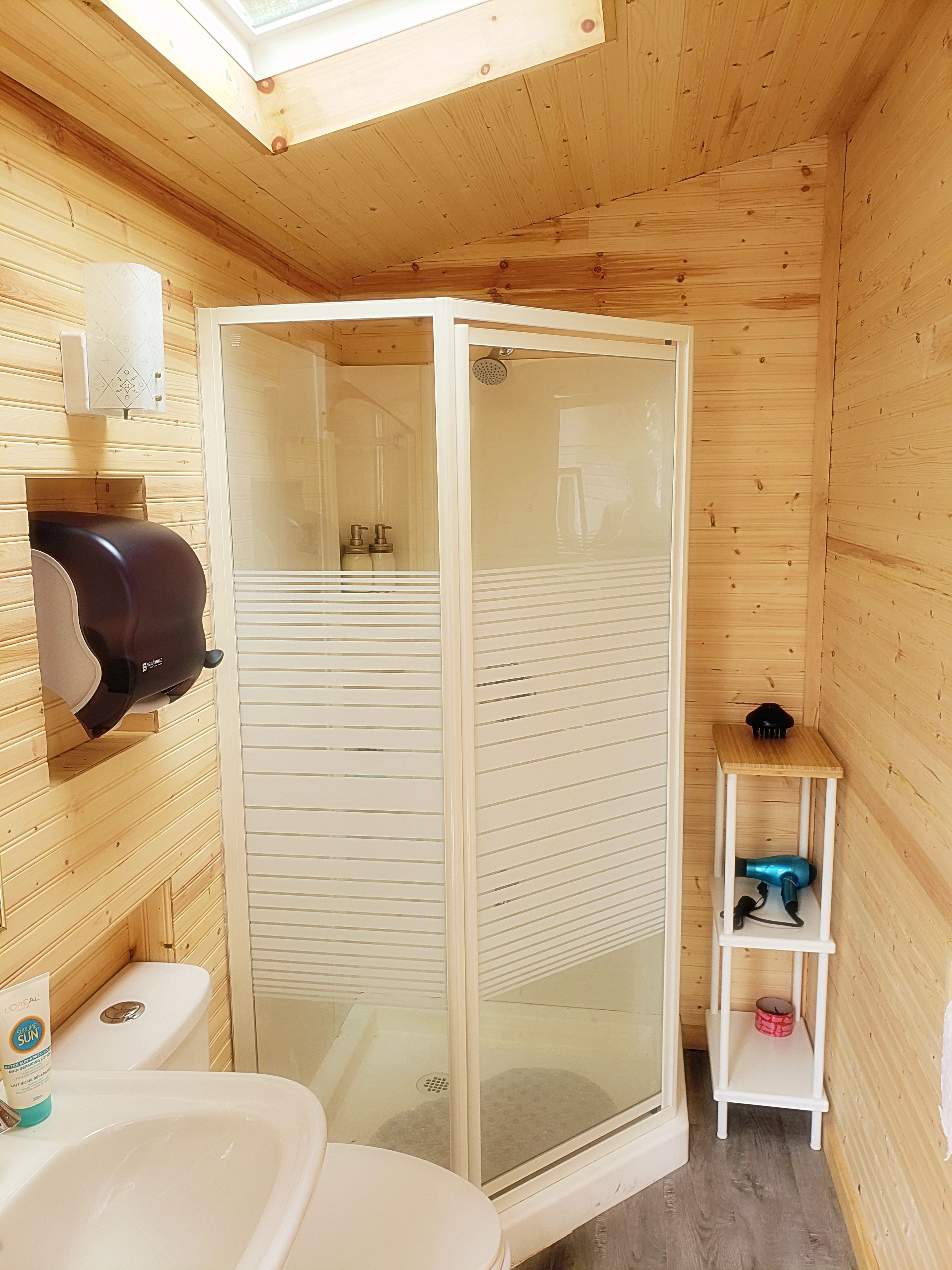 Ein Badezimmer einer Holzhütte mit Dusche, Toilette und Waschbecken.