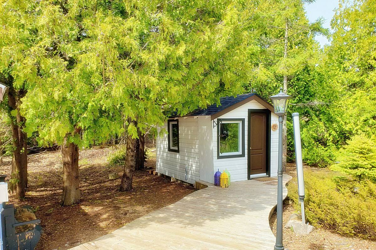 A small wooden cabin with a dark door and windows, surrounded by trees and a wooden pathway.