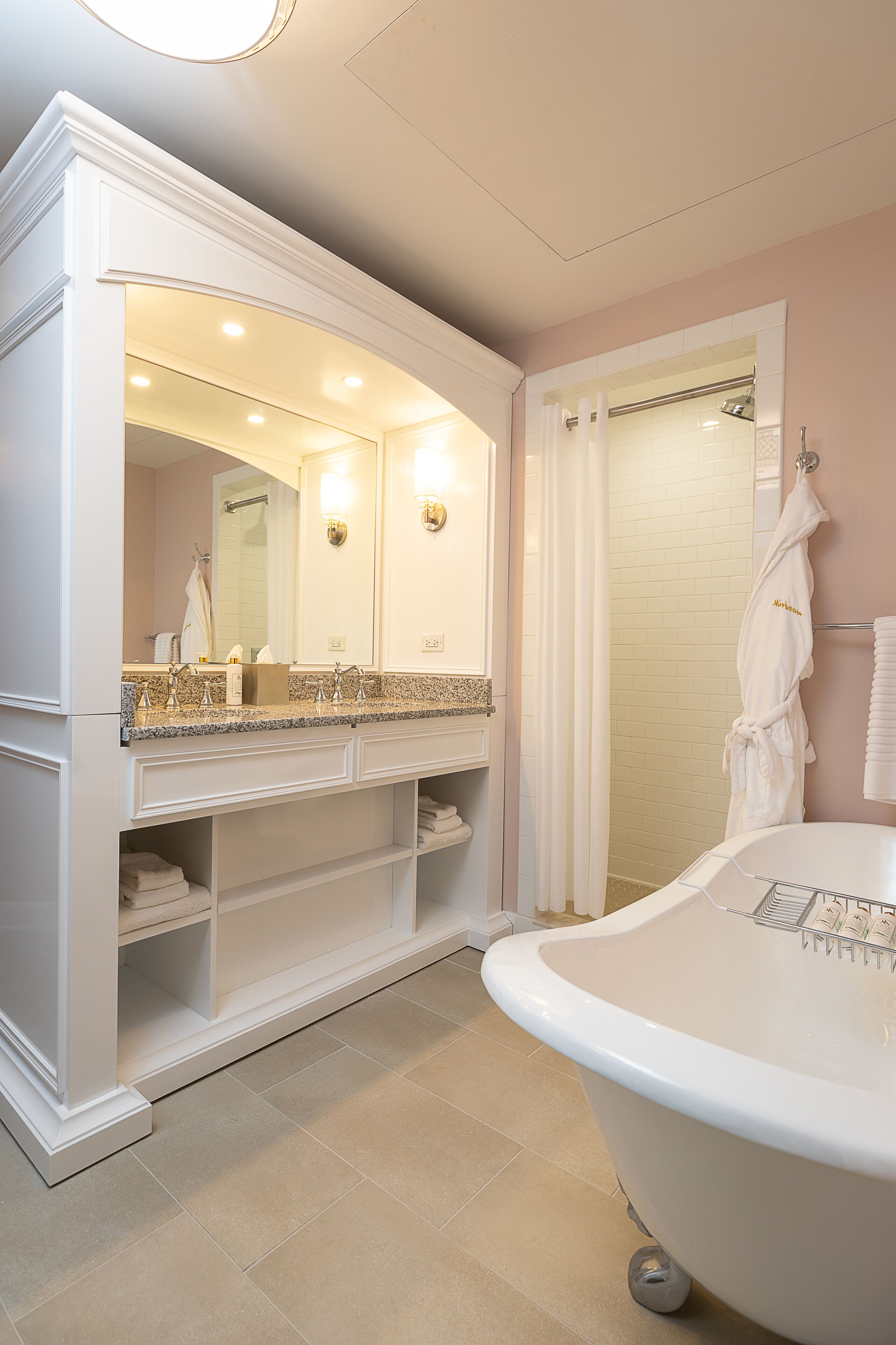 separate bathtub and shower, deep-soaking bathtub, rainfall showerhead