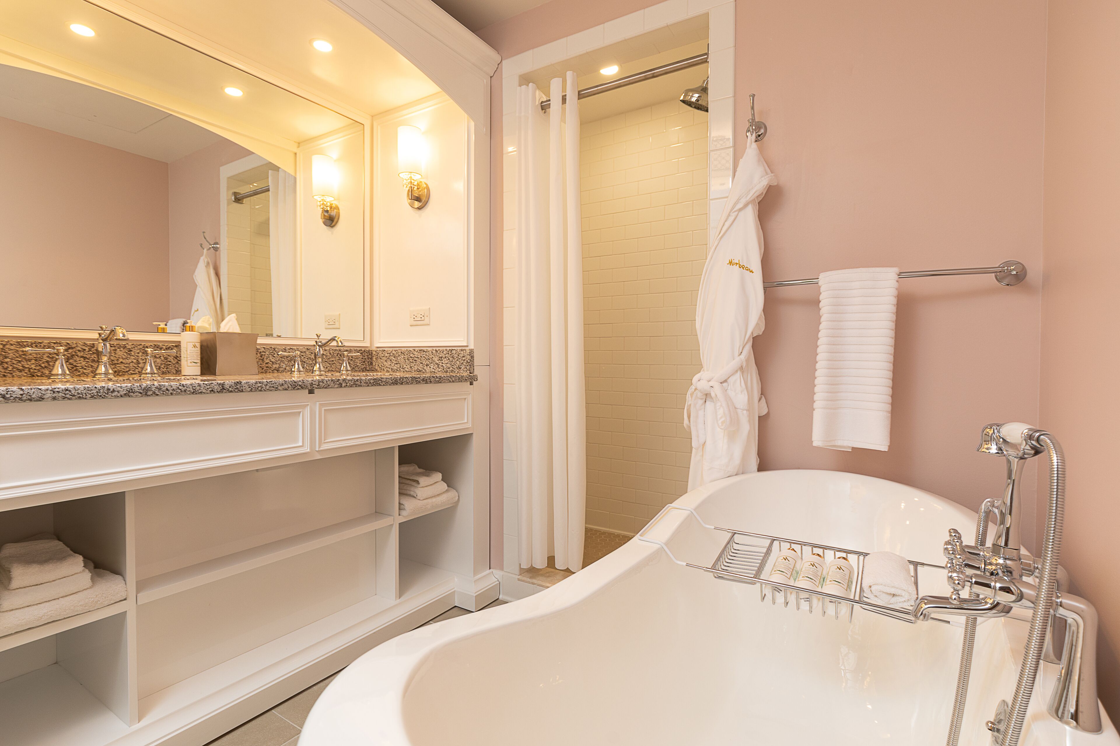 separate bathtub and shower, deep-soaking bathtub, rainfall showerhead