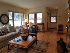 Smart TV, fireplace, DVD player, books
