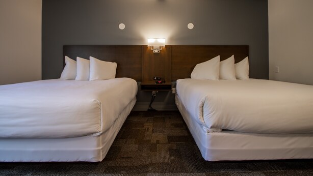 Ein Hotelzimmer mit zwei Einzelbetten, einem Kopfteil mit integrierter Beleuchtung, einem kleinen Nachttisch und Teppichboden.