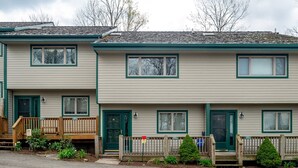 Une rangée de maisons de ville à deux étages, avec des bordures vertes, des porches en bois et de petits jardins devant, agrémentés de plantes.