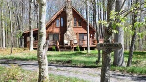 A rustic cabin with a stone chimney, surrounded by trees, and a sign indicating it is Blackwater 28. - Mingo Lodge (Davis)