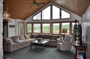 Televisión de pantalla plana, chimenea, reproductor de DVD