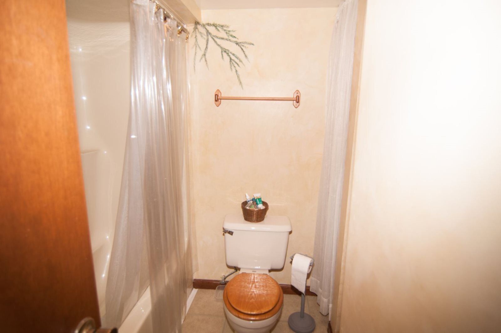 Un baño pequeño con inodoro, asiento de madera, toallero y cortina de ducha.
