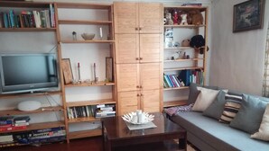 Un salon avec un canapé, une table basse et des étagères en bois.