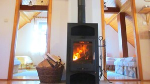 A wood-burning stove in a room with wooden beams and a high ceiling.