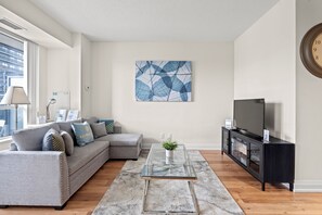 Premium Apartment, 1 Queen Bed with Sofa bed, Balcony, City View | Living room