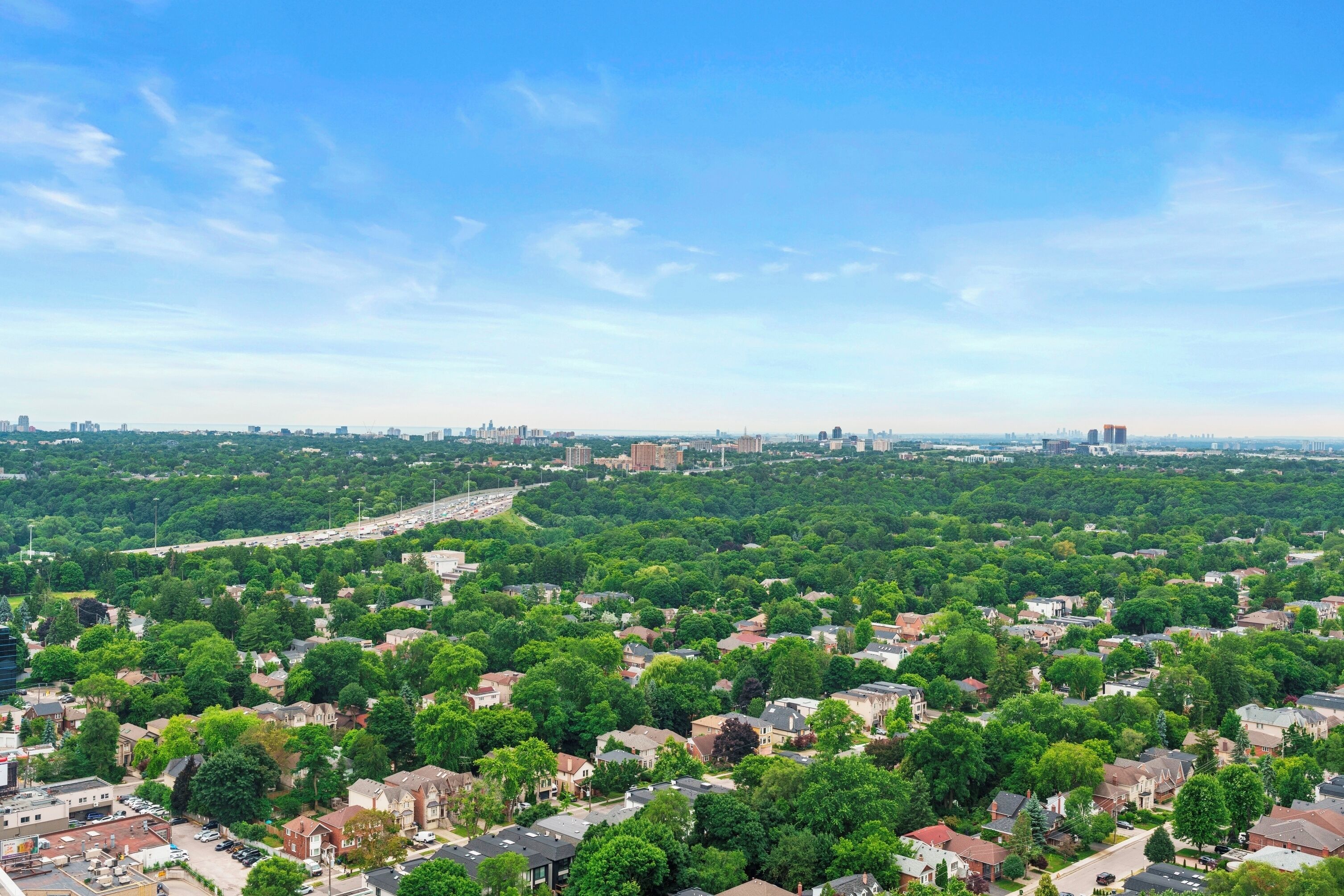Un quartier résidentiel avec des maisons et de la verdure, un ciel dégagé et des bâtiments de la ville qui se dessinent à l’horizon.