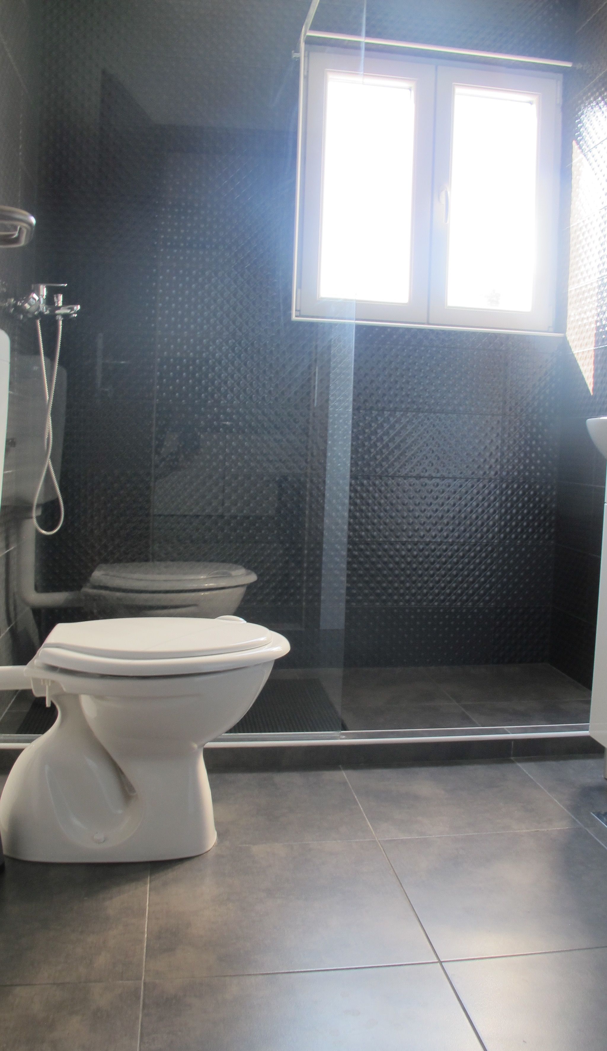 A bathroom with a toilet, a shower enclosure, and a window.