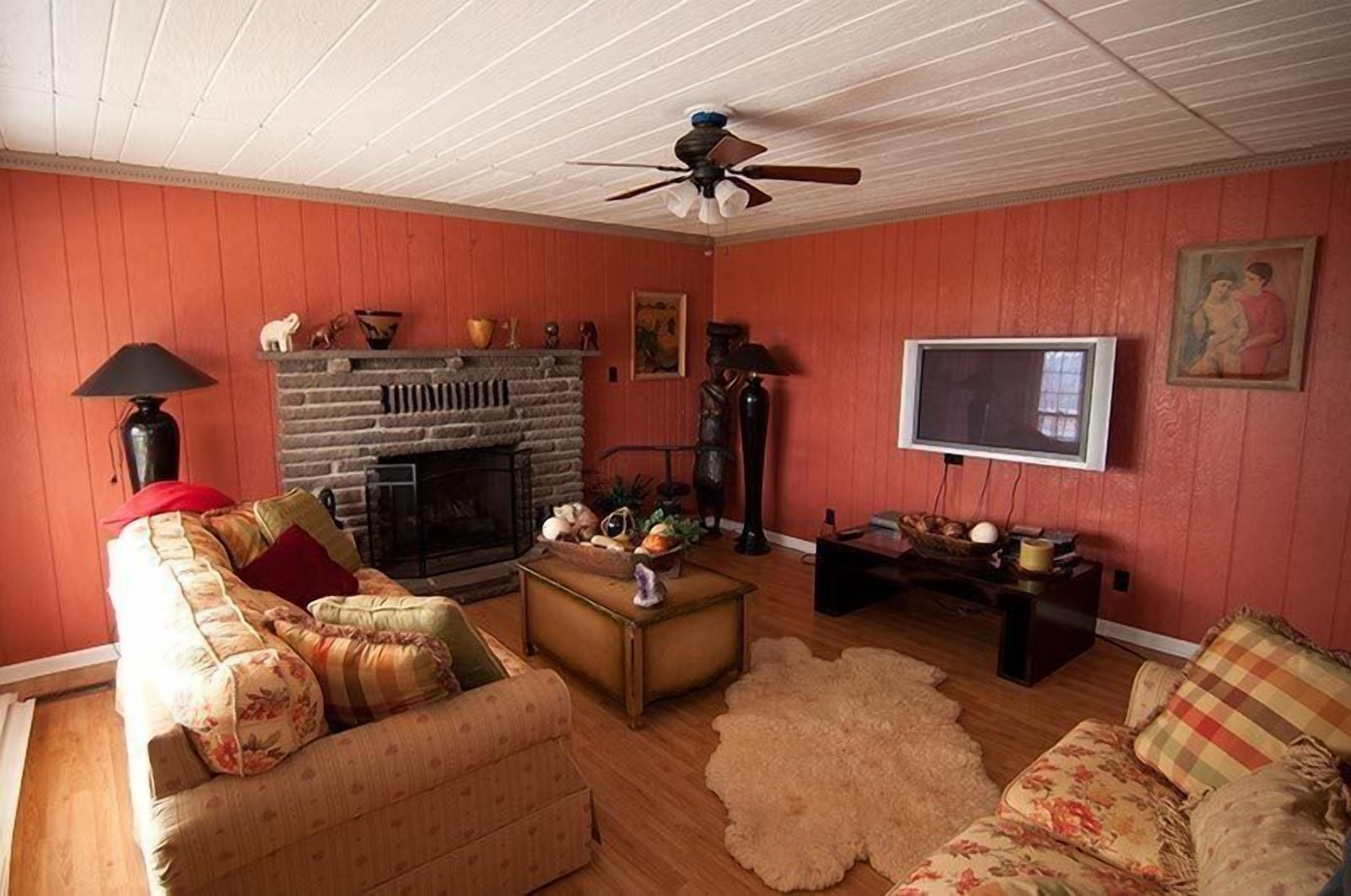 Un salon avec une cheminée, un téléviseur et un ventilateur de plafond.