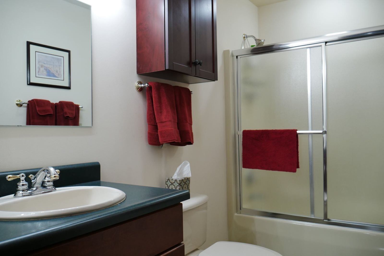 Une salle de bain équipée d’un lavabo, d’un miroir, d’un meuble et d’une douche.