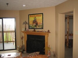 Televisión de pantalla plana, chimenea, reproductor de DVD