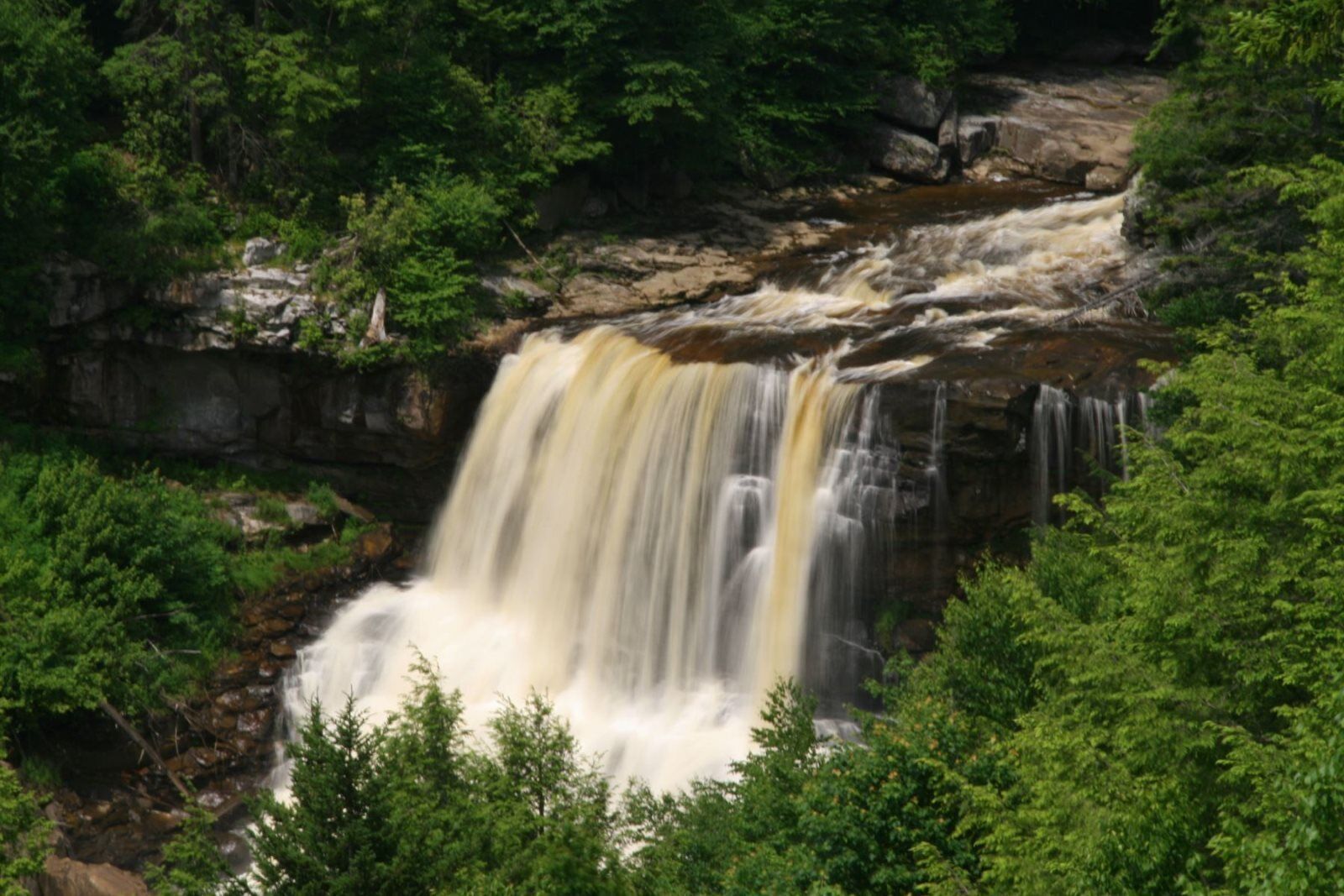 A waterfall cascading over a rocky cliff surrounded by dense green foliage.
