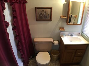 A bathroom with a toilet, sink, and a framed picture on the wall. - 5 Acre Wood (Davis)