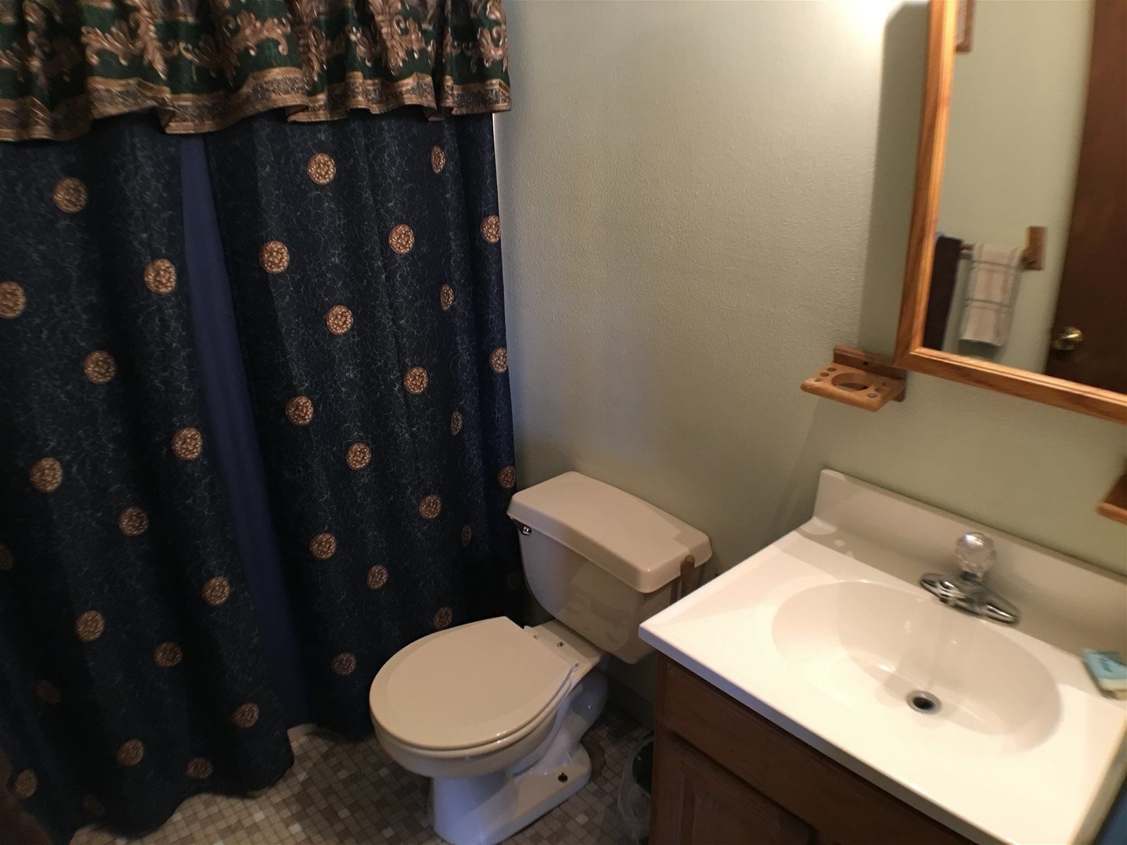 A bathroom with a toilet, sink, and mirror.