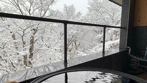 Un interior moderno con un amplio ventanal con vistas a un bosque nevado.