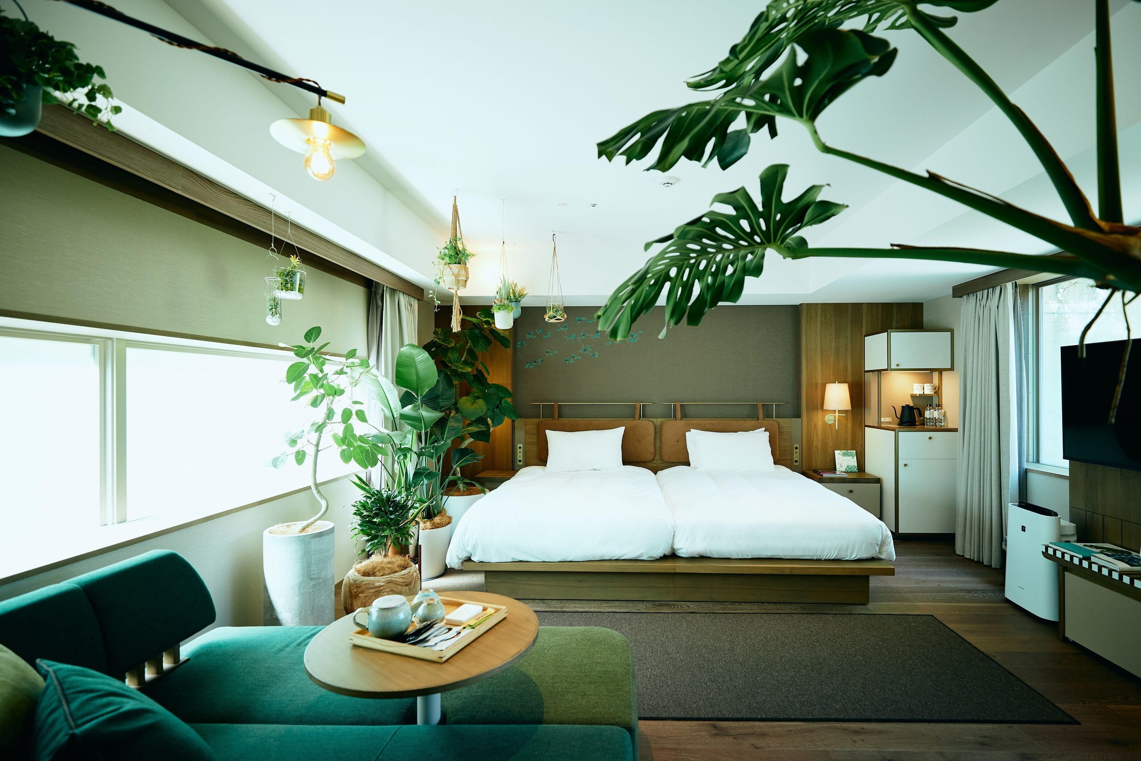 Une chambre d’hôtel moderne avec un grand lit, un canapé, une petite table avec un plateau, et plusieurs plantes en pot.
