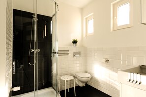 Shower, hair dryer, towels, soap