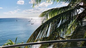 A view of the ocean with boats, palm trees, and a clear sky. - Hotel Pelican (Schoelcher)